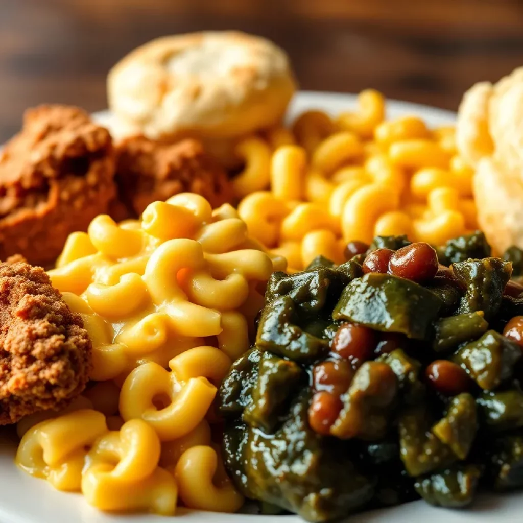 Plate of Soul Food including fried chicken, macaroni and cheese, and collard greens