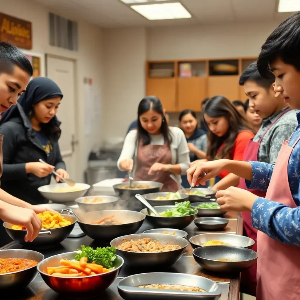 Students engaging in a culinary demonstration with a professional chef.