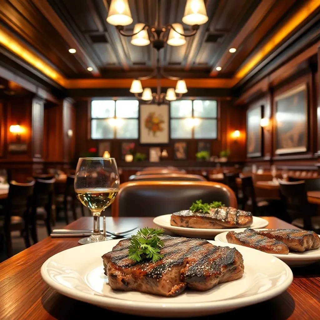 Interior of Mighty Moo's Steakhouse showing dining setup and decor