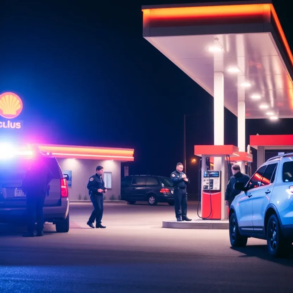 Police responding to a stolen vehicle alert at a gas station