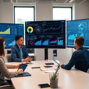 A team of marketers analyzing data visualization in an office.