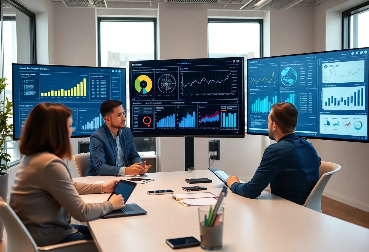 A team of marketers analyzing data visualization in an office.