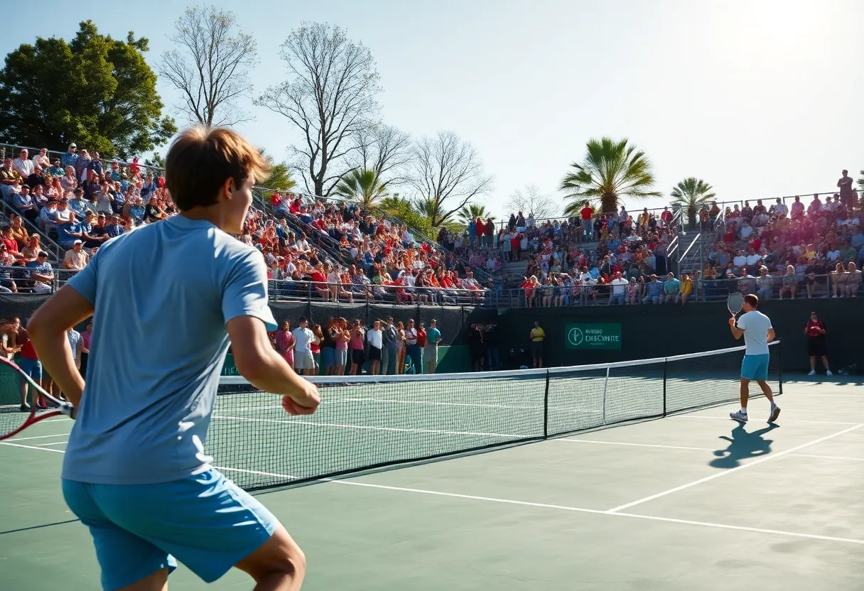 Furman men's tennis team playing against Wofford.