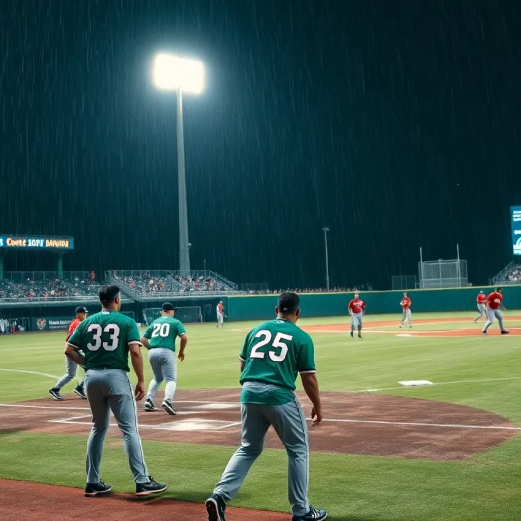 Baseball field during rainy night game between Greenville Drive and Spartanburgers