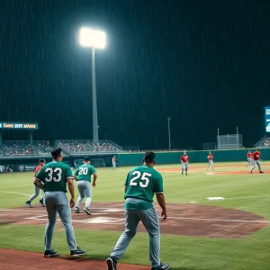 Baseball field during rainy night game between Greenville Drive and Spartanburgers
