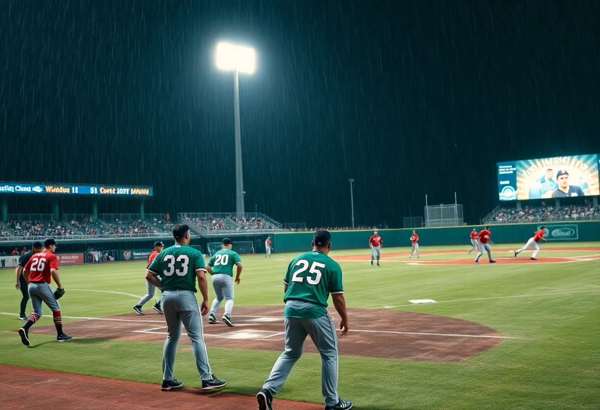 Baseball field during rainy night game between Greenville Drive and Spartanburgers