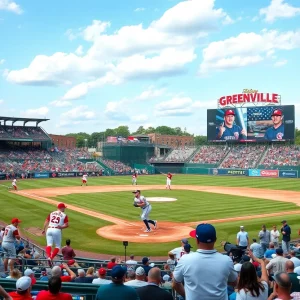 Players from the Greenville Drive celebrating a win during a baseball game