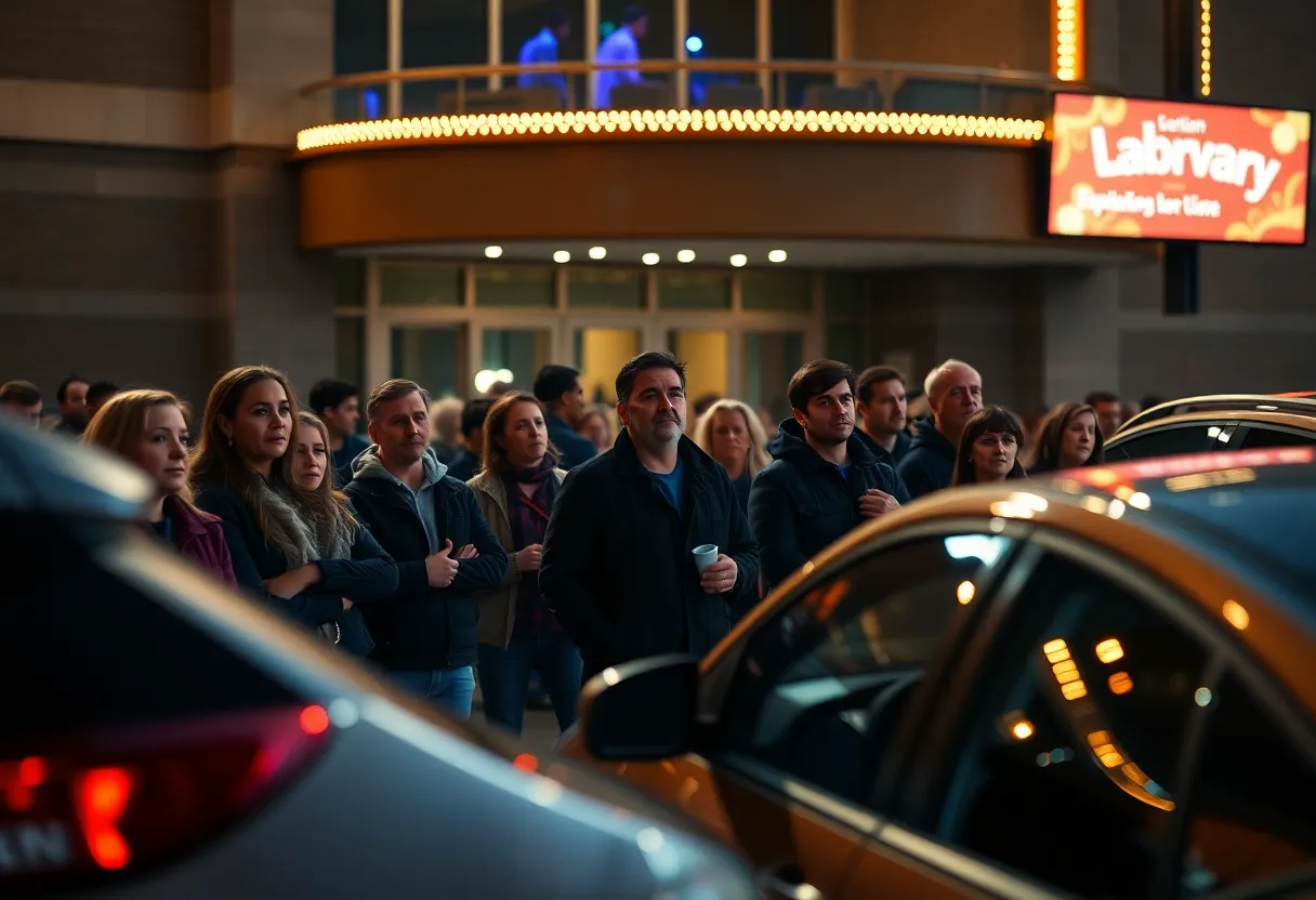 Concertgoers concerned about parked cars during a live performance.