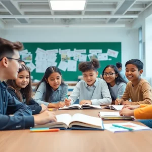 Students in a modern classroom collaborating and learning.