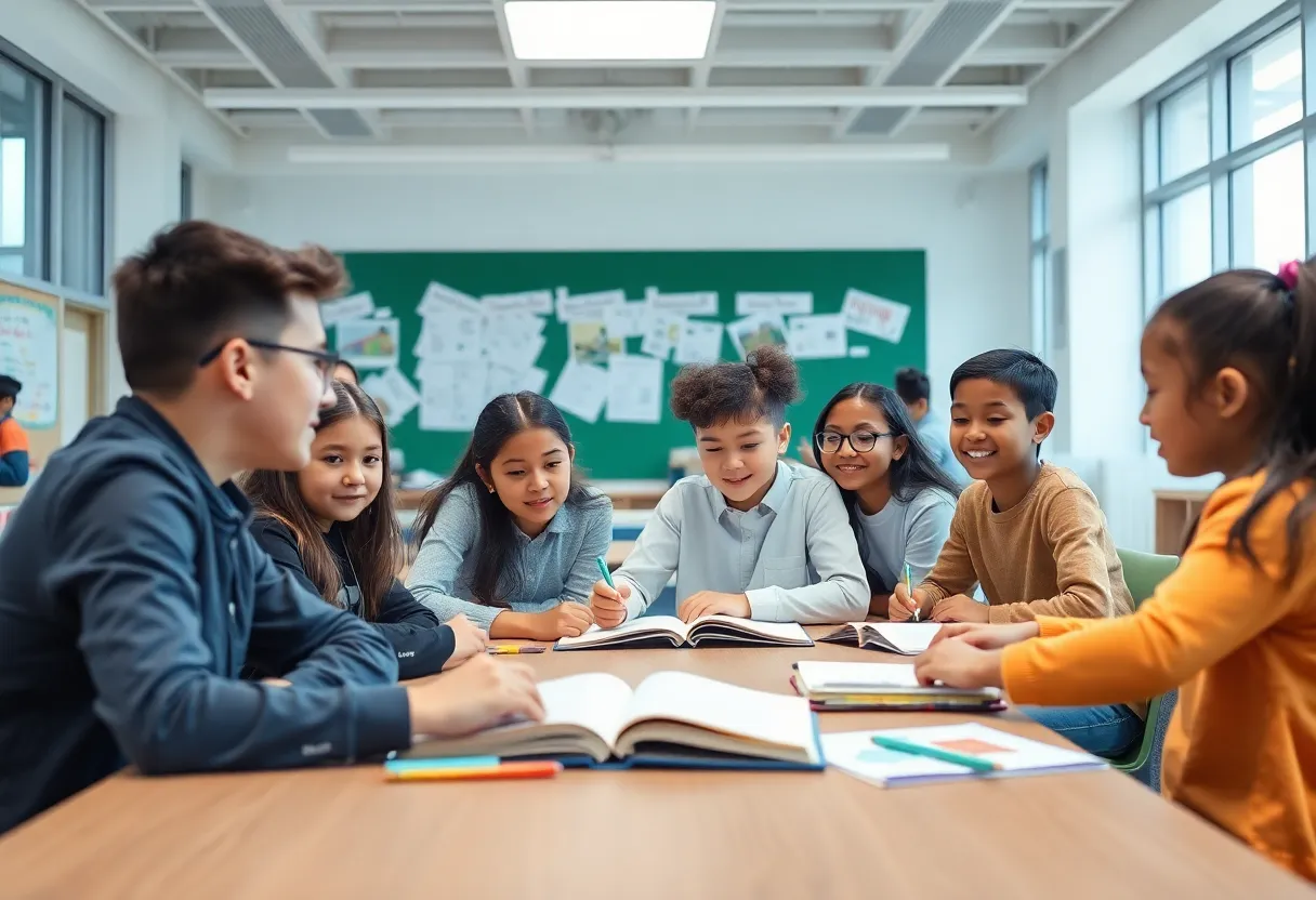 Students in a modern classroom collaborating and learning.