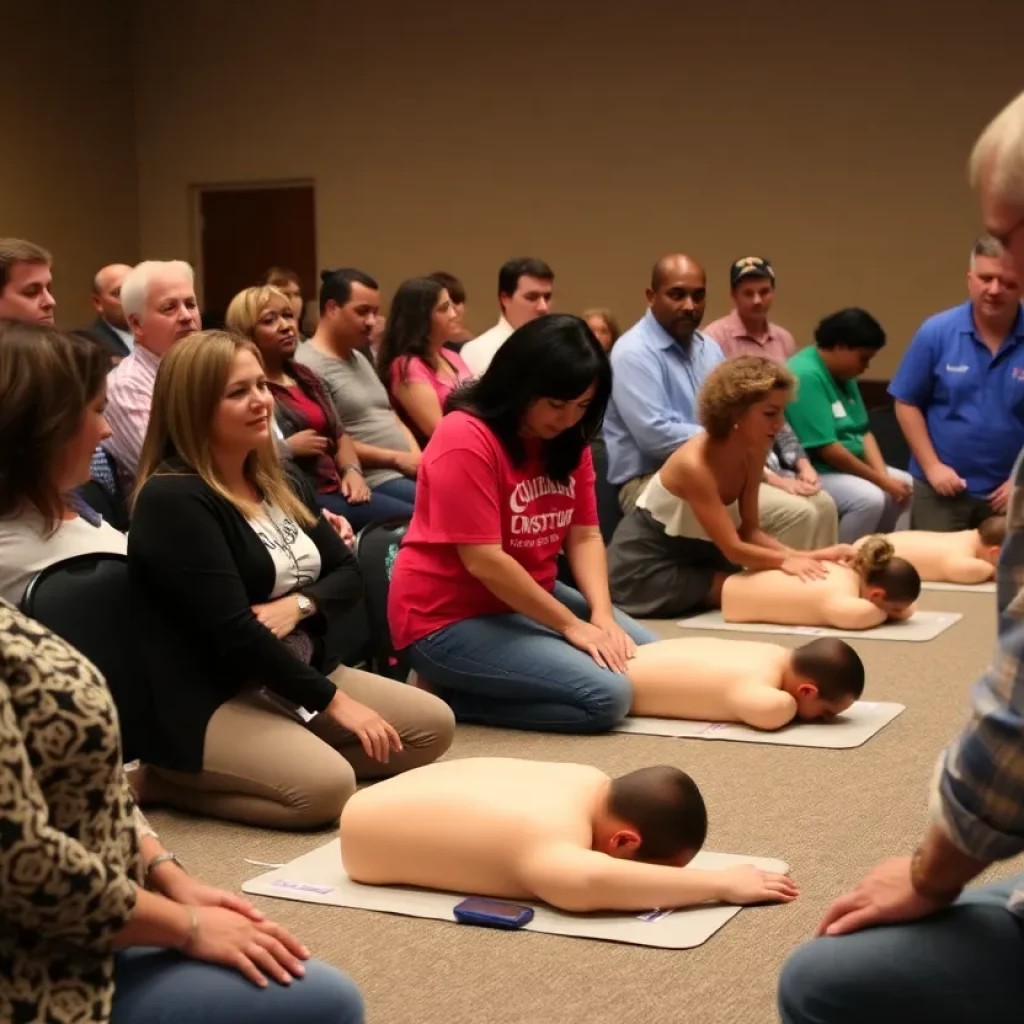 People gathered at a community event learning CPR techniques.