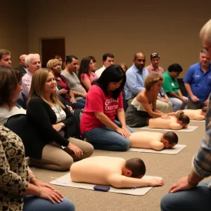 People gathered at a community event learning CPR techniques.