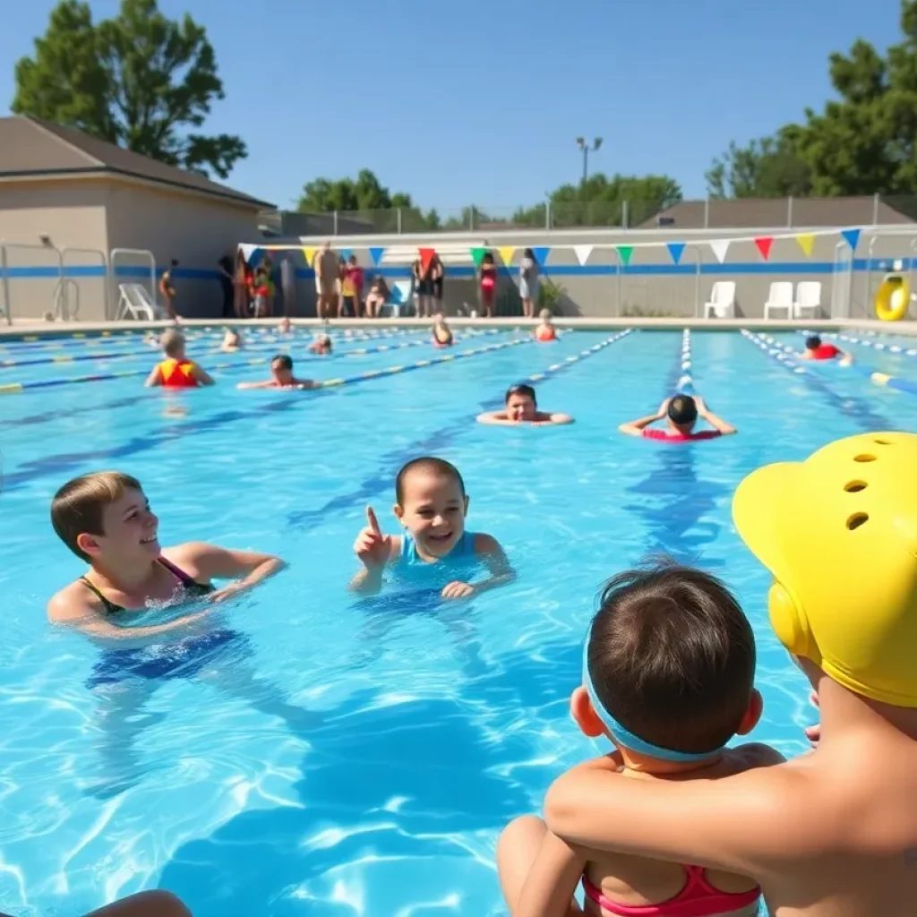 Families enjoying swim lessons at a community pool in Spartanburg.