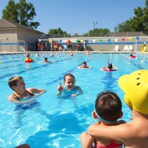 Families enjoying swim lessons at a community pool in Spartanburg.