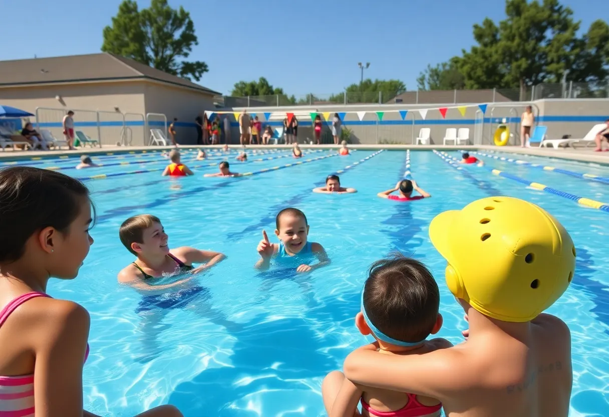 Families enjoying swim lessons at a community pool in Spartanburg.