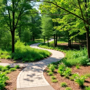A landscape view of the Spartanburg trail with greenery and a clear blue sky.
