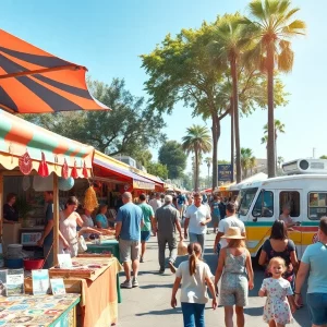 People shopping at the Vikings Vendor Market with various vendor booths